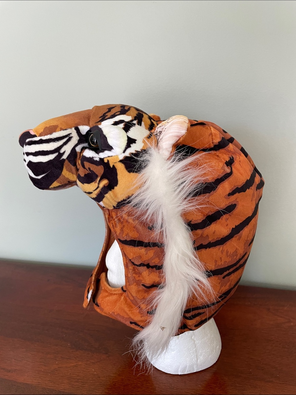 Kids Plush Tiger Head Costume Hat in Orange with White Accents - Picture 2 of 5
